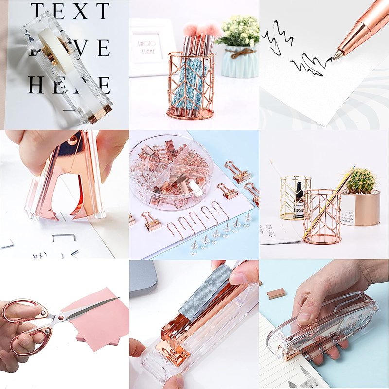 Rose Gold Desk Organizer Set with Stapler Pen Holder Scissors & Staples