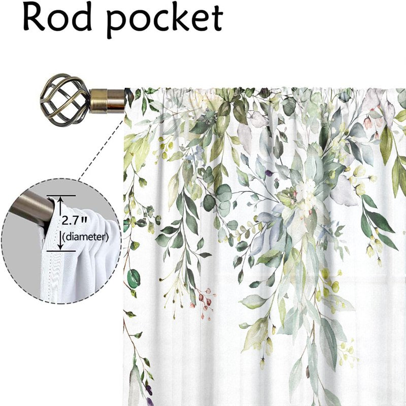 Green Flower & Leaf Print Light-Filtering Curtain Set for Bedroom & Living Room
