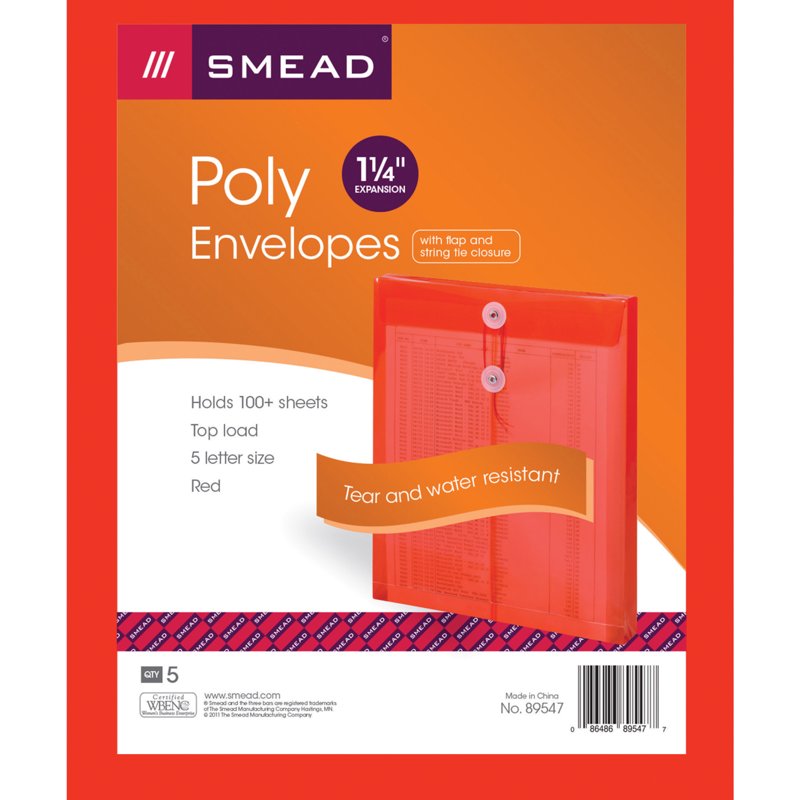Poly Envelope with String Tie Closure - Red, 5 Pack, 200+ Sheet Capacity