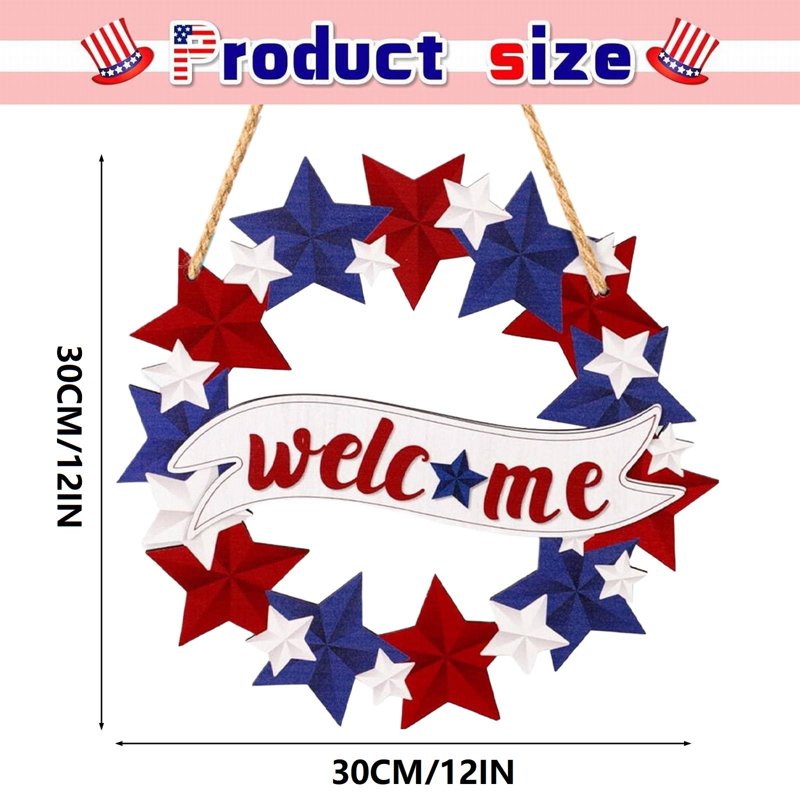 Patriotic Welcome Wreath with Wooden Stars for 4th of July Front Door Decor
