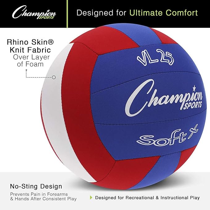 Rhino Skin Soft Fabric Volleyball for Beginners - Red & Blue, 8.25 Inch