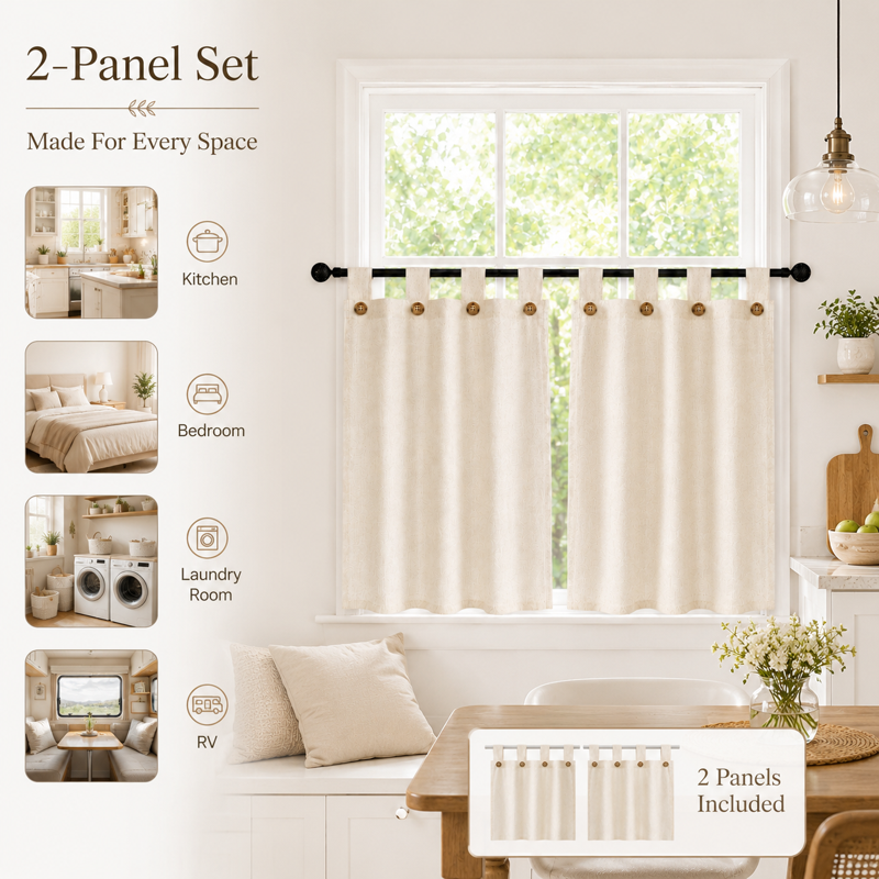 Cafe Curtains for Kitchen & Small Windows Linen Blend Short Tier Drapes with Buttons