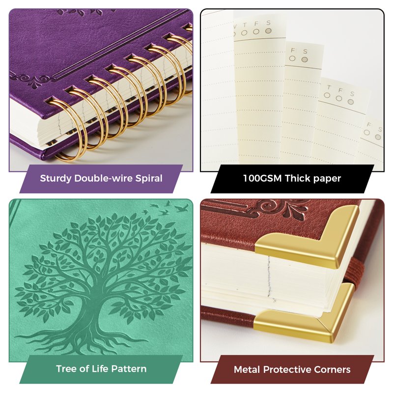 Vintage Leather Notebook A5 Spiral Journal with Tree Embossed Cover, Thick No-Bleed Paper