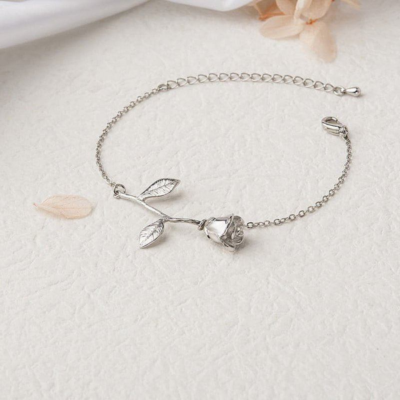 Silver Brass Rose Flower Bracelet Jewelry for Women - Valentine's Gift Set
