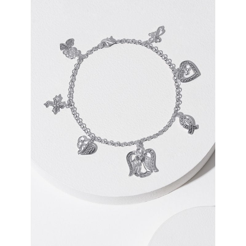 Women's Diamond Charm Bracelet Set - Silver Plated Brass, 7.25 Inch