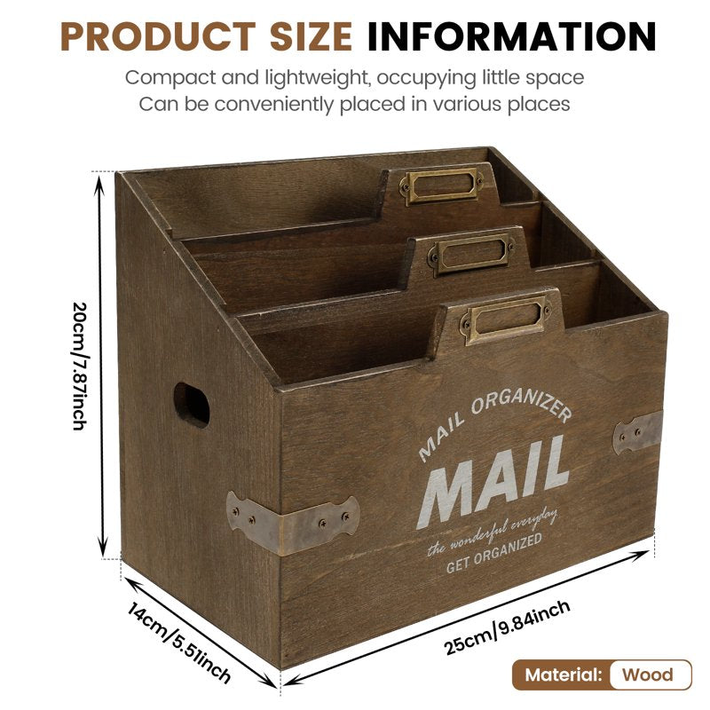 Wood Letter Mail Organizer with 3 Compartments - Countertop Desk File Sorter