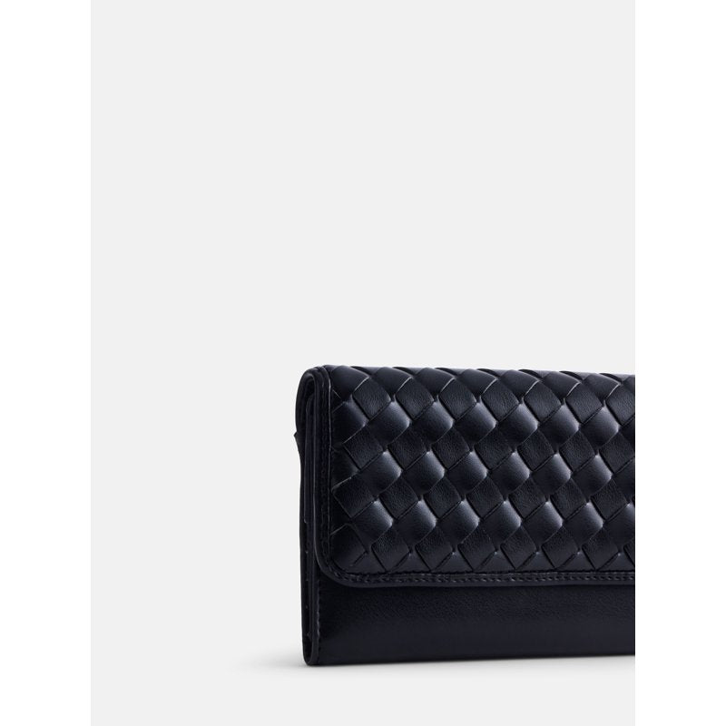 Women's Woven Faux Leather Clutch Wallet with Card Slots, Black