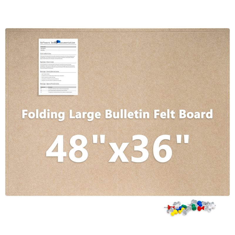 Foldable Felt Bulletin Board with Self-Adhesive Tape - 48x36 or 60x36 Inches, Decorative Cork Notice Pin Board for Office, School, Home