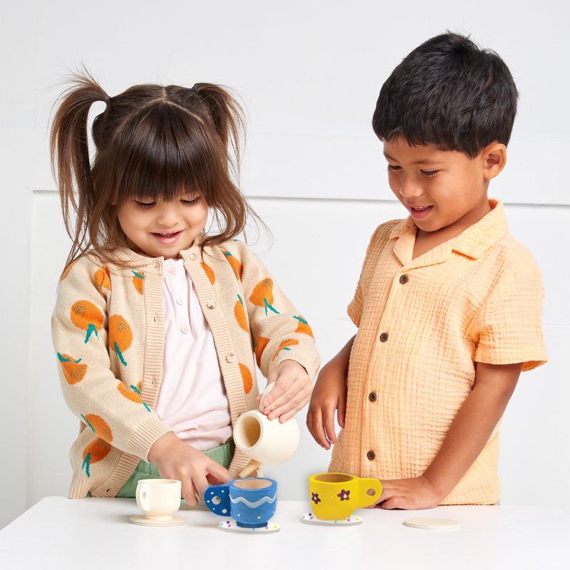 Kids Wooden Tea Set for Painting and Pretend Play - Includes Paint & Brush