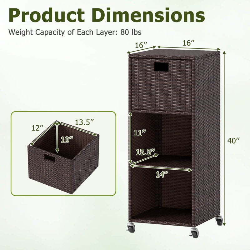 Outdoor Storage Cabinet with Shelves, Drawer & Wheels for Porch Garden