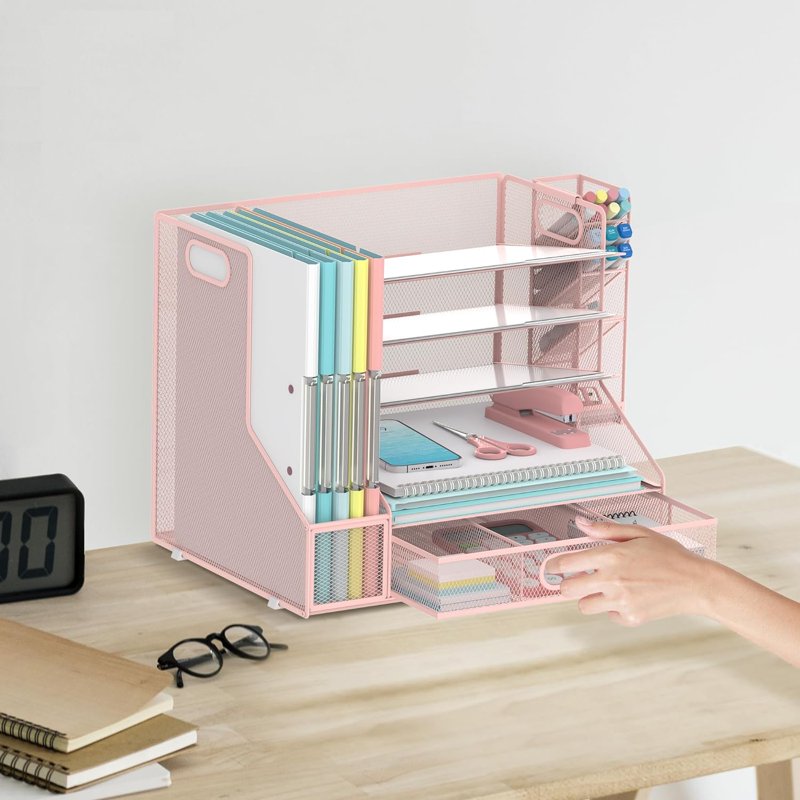 INTIGE 5-Tier Metal Desktop Organizer with Pink 1 Drawer, File Rack & Pen Holder