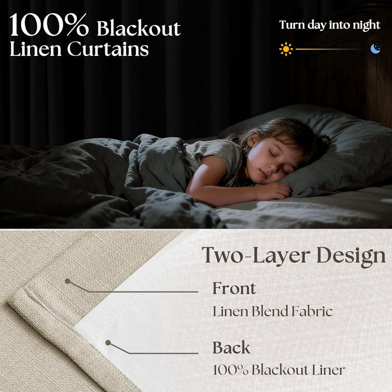 Linen Curtains 108 Inch Long Set - Cream Ivory Semi Sheer Pleated Drapes for Living Room & Bedroom