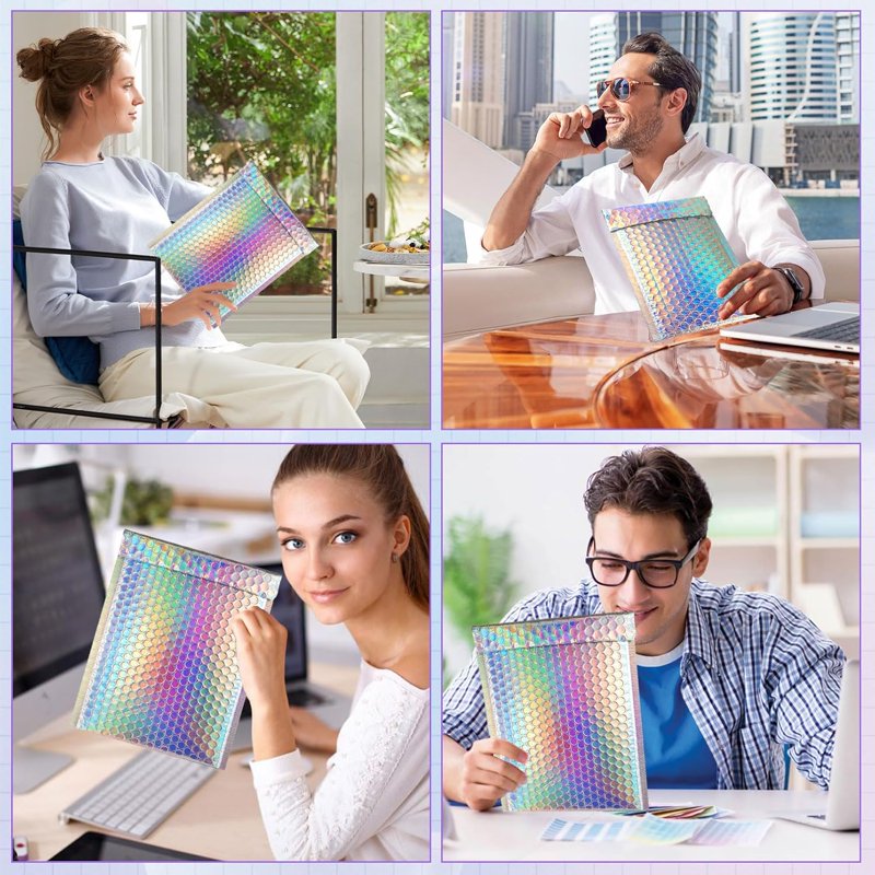 Metallic Bubble Mailers 50 Pcs with Thank You Cards & Stickers - Holographic Self-Sealing Envelopes for Small Business Shipping