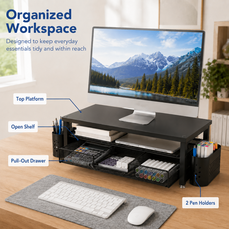 Mehoom 3-Tier Monitor Stand with Drawer & Pen Holders – Desk Organizer, Black