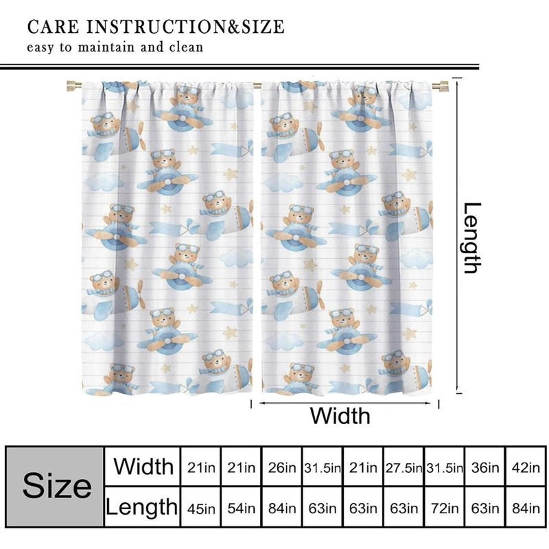 Kids Cartoon Bear Curtain Set with Insulated Drapes - Blue & White Striped Window Treatments, 2 Panels, Multiple Sizes