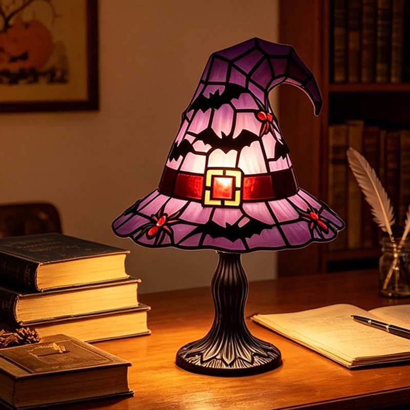 Halloween Witch Hat Stained Glass Lamp, Pumpkin Lantern Accent Light - Multiple Colors