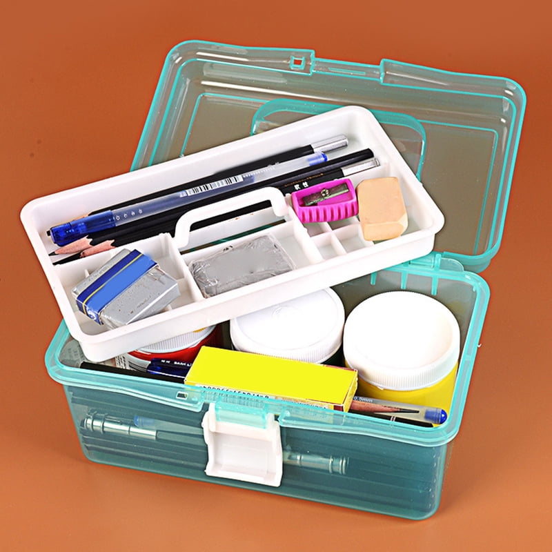 Multipurpose Plastic Art and Craft Storage Container with Removable Tray and Handle, First Aid Box Organizer, Clear and Green