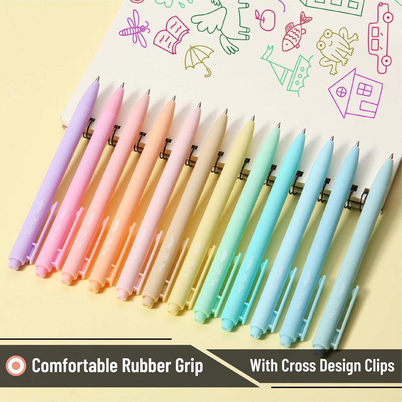 Retractable Gel Pens Set of 12 - Assorted Pastel Colors with Silver Clip