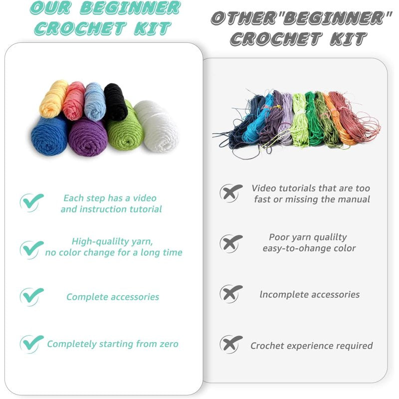 Beginner Crochet Kit with Yarn Hooks & Tutorials for Amigurumi Animals