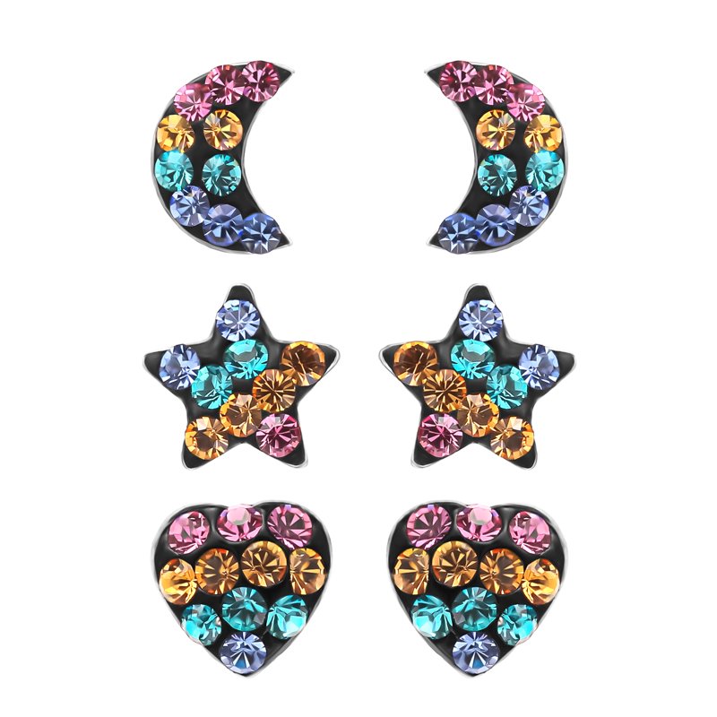 Sterling Silver Crystal Heart Star & Moon Stud Earrings Set for Girls