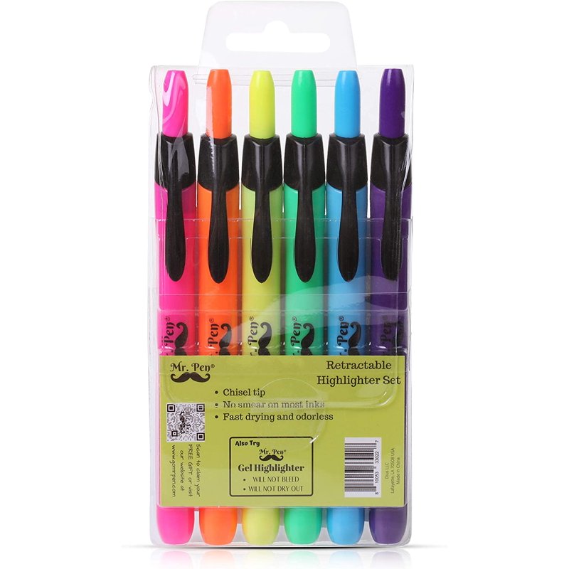 Retractable Highlighters 6-Pack Assorted Colors - Quick Dry, Smear-Resistant
