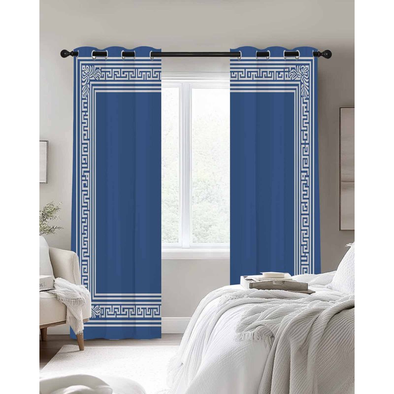 Dark Blue Greek Key Blackout Curtains - Thermal Insulated Grommet Drapes for Living Room