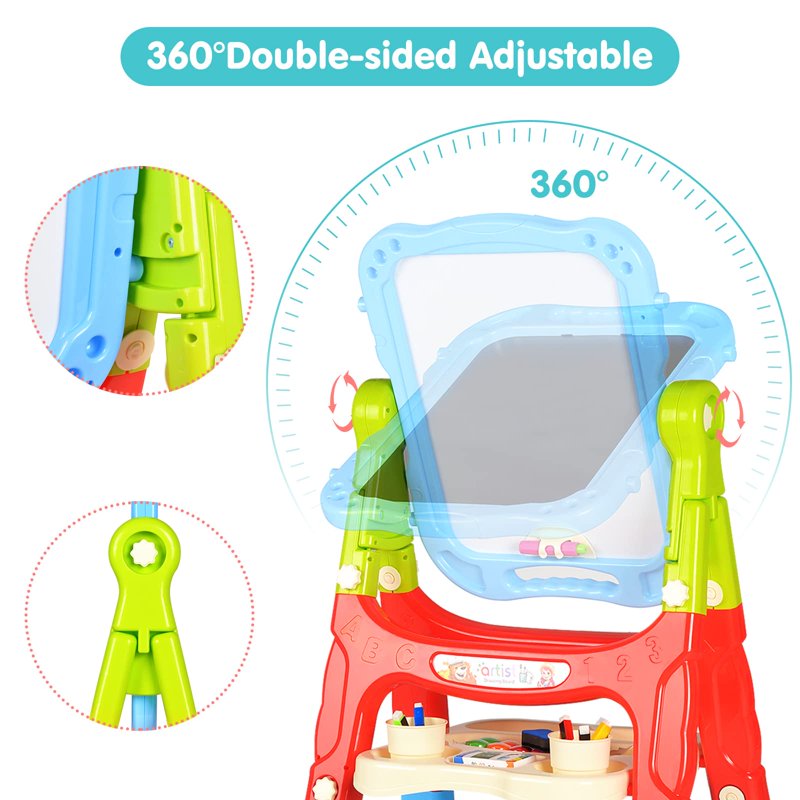 Kids Art Easel with Whiteboard & Chalkboard, Adjustable & Rotatable, Portable Craft Gift