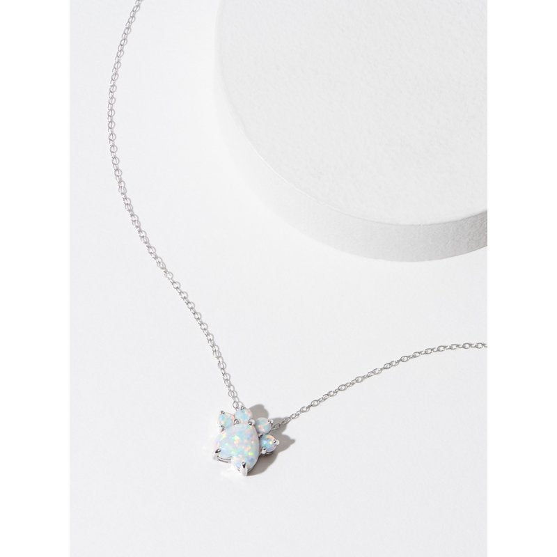 Sterling Silver Paw Print Necklace with Simulated Opal Pendant - Gift Ready