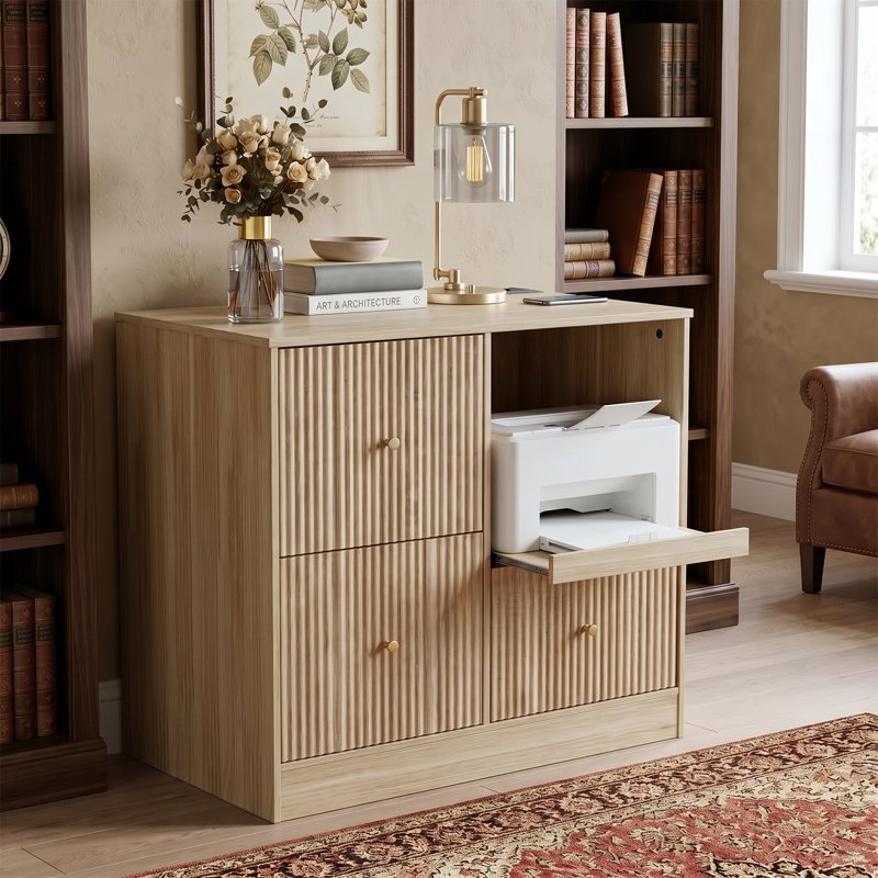 3-Drawer File Cabinet with Charging Station and Pull-Out Printer Stand - Natural Wood Finish