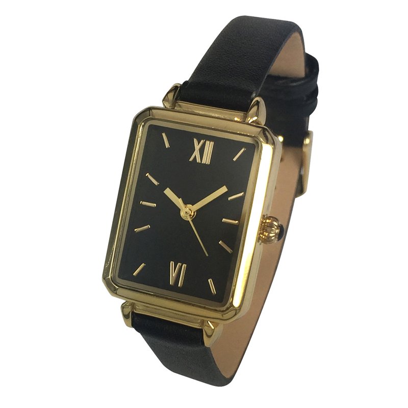 Women’s Analog Leather Slim Tank Wristwatch with Black Dial