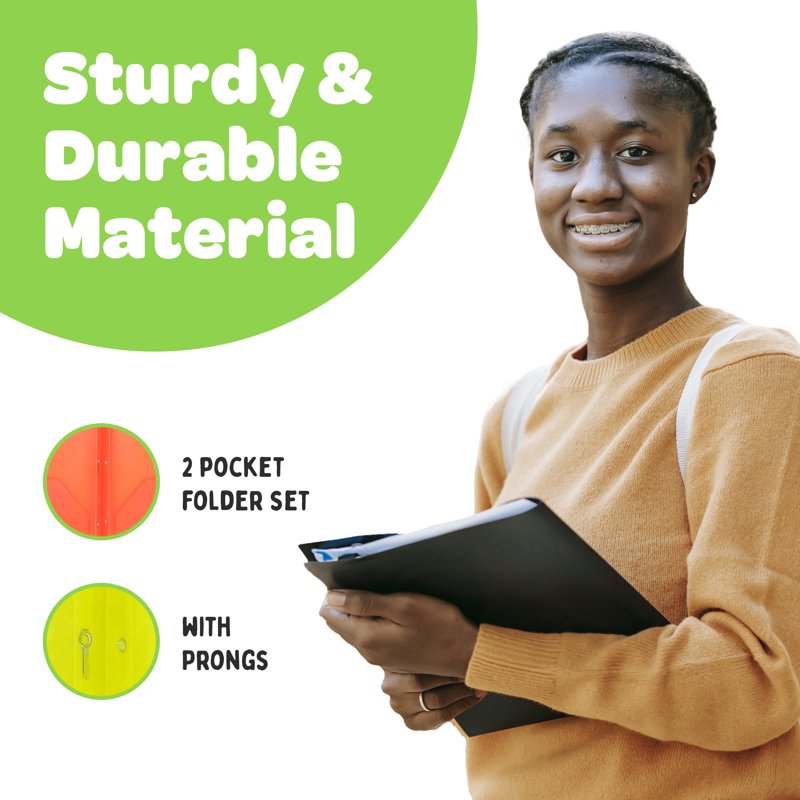 Multicolor Plastic Folder Set with 3 Prong Fasteners - 6 Pack for Office & School