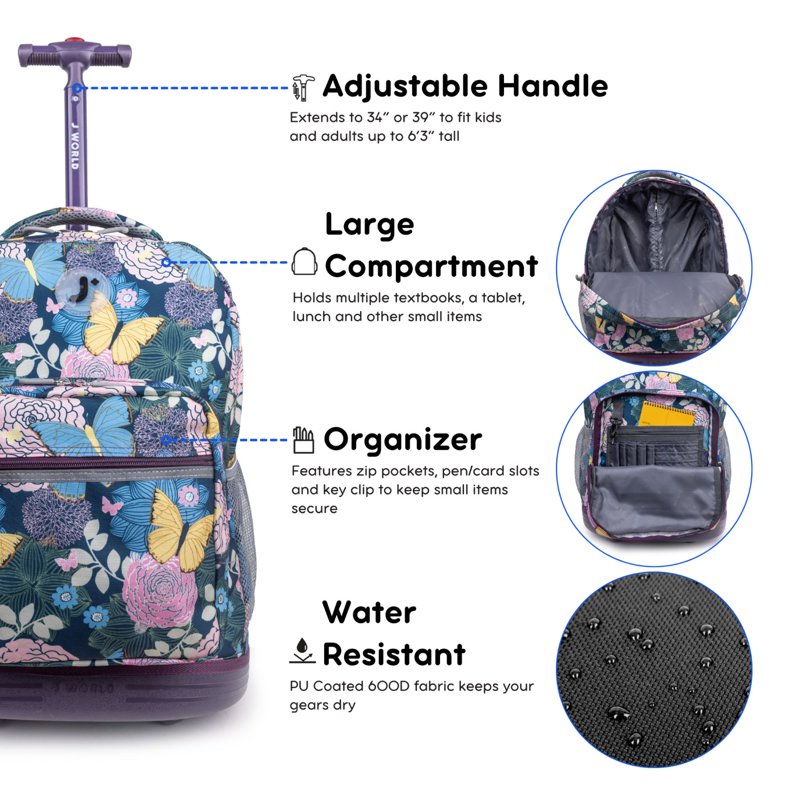 Girls 18-Inch Rolling Backpack for School and Travel - Multiple Patterns