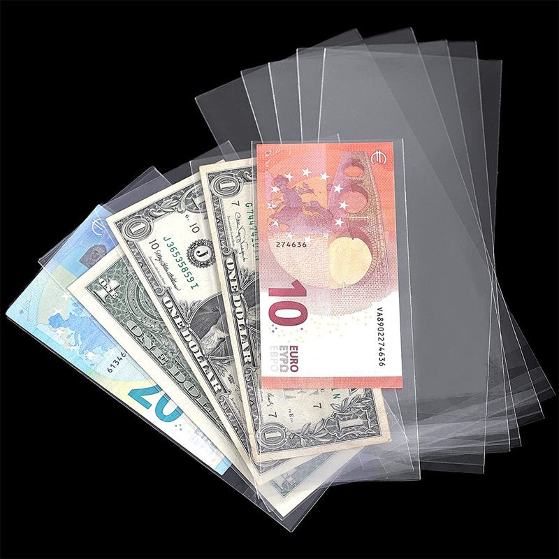 100 Clear Paper Money Sleeves with Storage Box for Currency & Collectibles