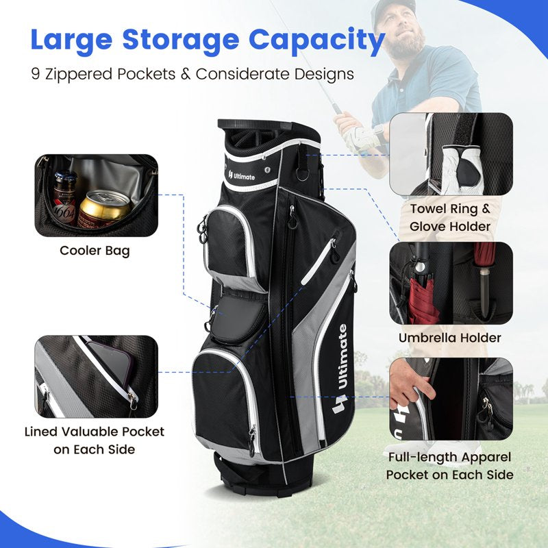 Costway 14-Way Top Golf Cart Bag with 9 Pockets, Rain Hood & Cooler — Grey
