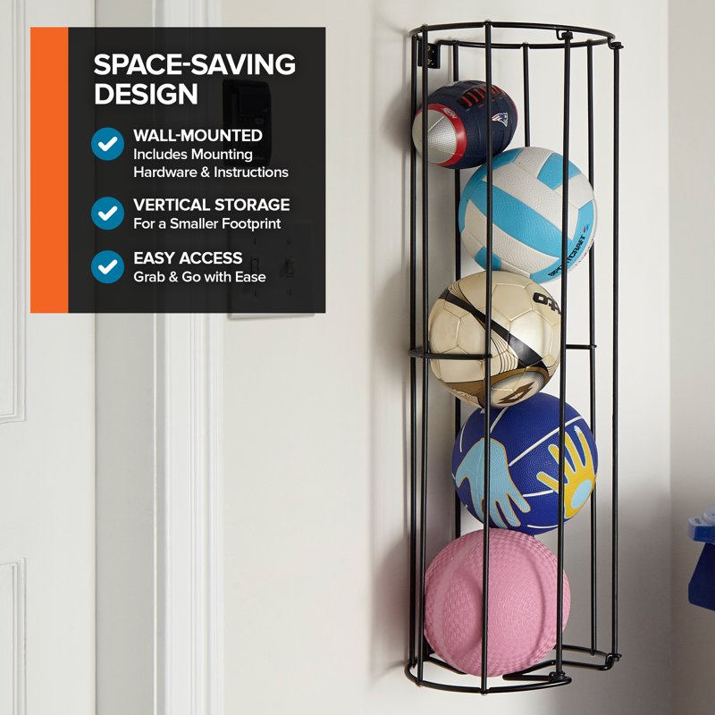 Wall-Mounted Ball Storage Rack for Garage Sports Equipment Organizer