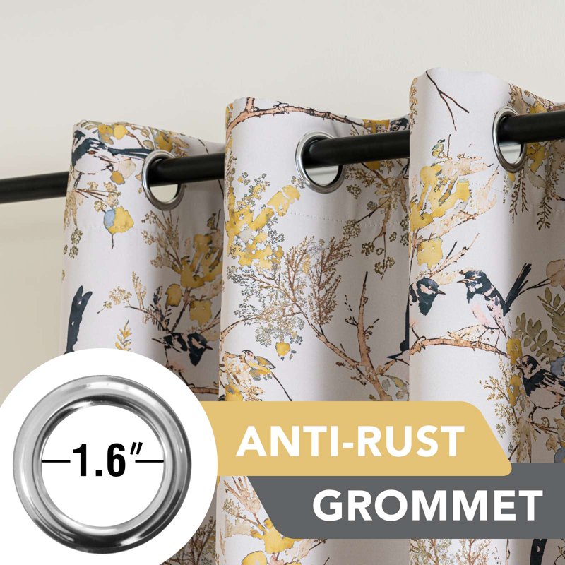 Blackout Floral Bird Printed Curtains - Grommet Window Drapes for Bedroom & Living Room, 52x84 Inches