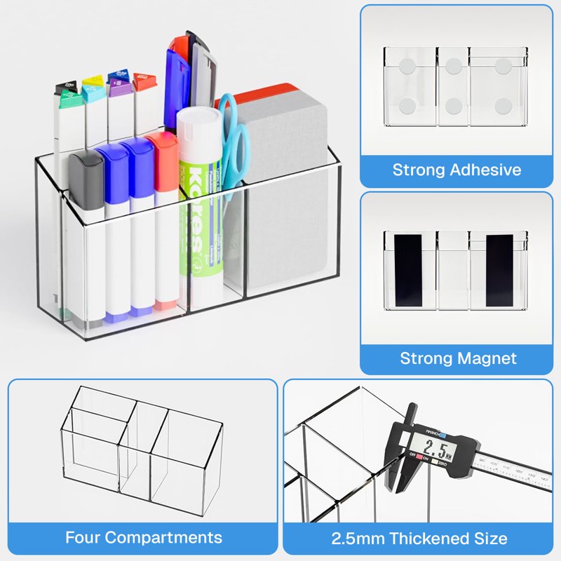 Magnetic Pen Holder with 4 Compartments for Whiteboards & Fridges