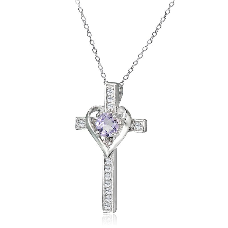 Sterling Silver Birthstone Heart Cross Pendant Necklace for Women & Teens