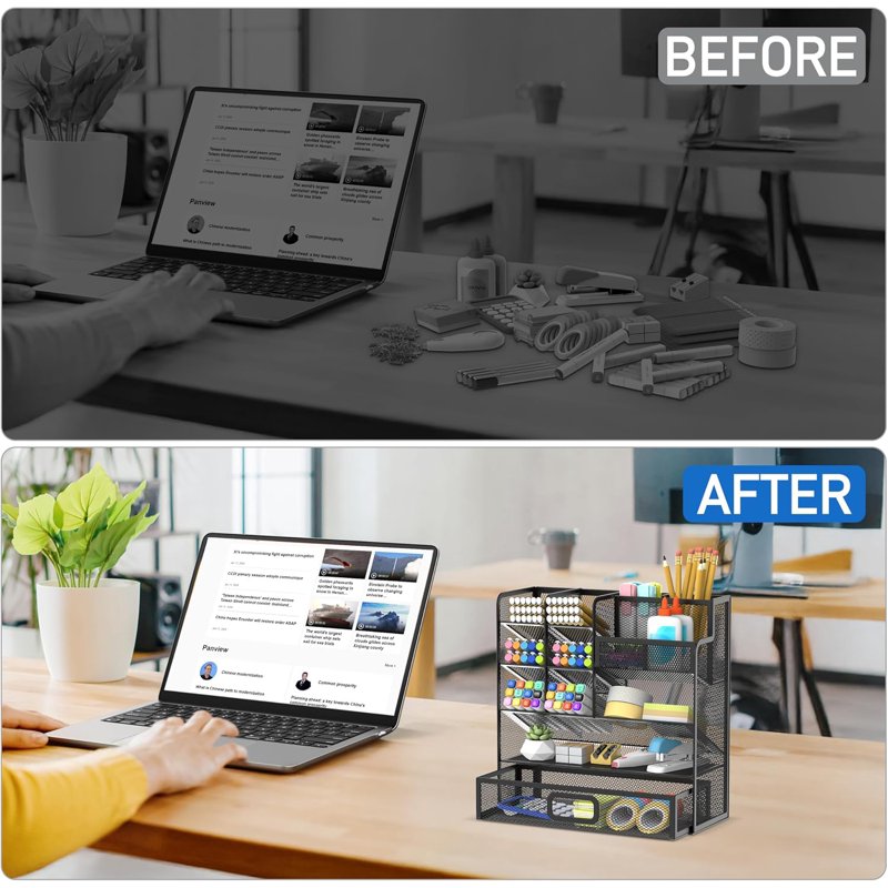 Multifunctional Desktop Organizer with Drawer and Pen Holders - Office & Art Supplies