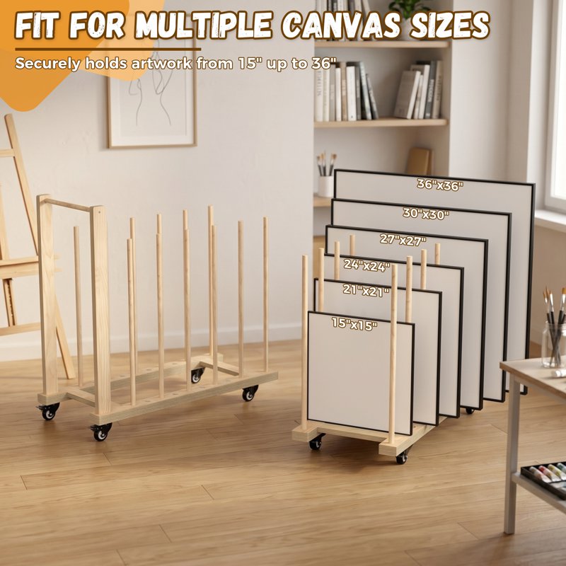 Wooden Art Storage Rack with Casters for Canvas & Artwork - 31.5 x 14.2 in