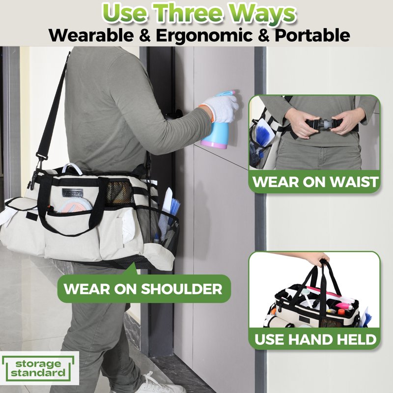 Portable Cleaning Caddy Organizer with Handles & Straps, Water-Resistant Beige