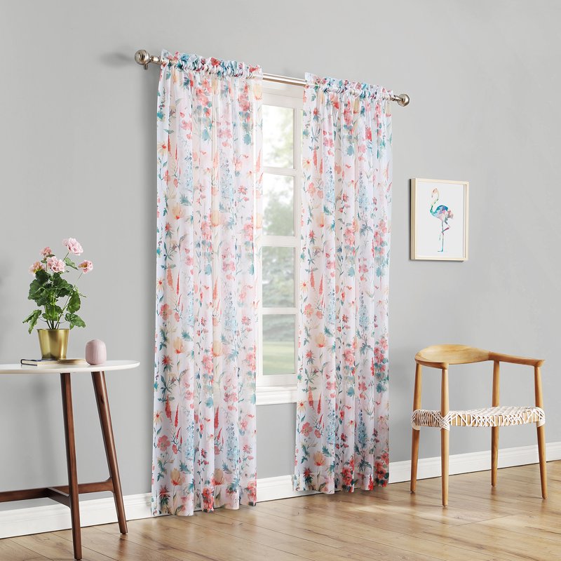 2 Pack Sheer Voile Curtain Panels with Rod Pocket - White Floral, 58x84 Inches