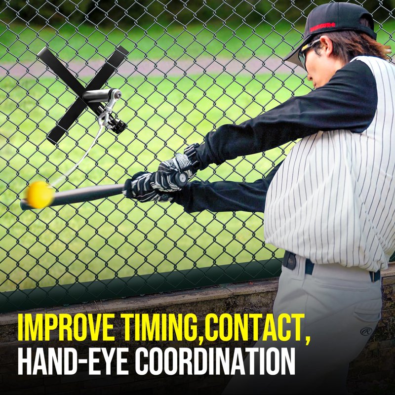 Baseball Swing Trainer with Metal Base and Tethered Ball - Portable Hitting Aid