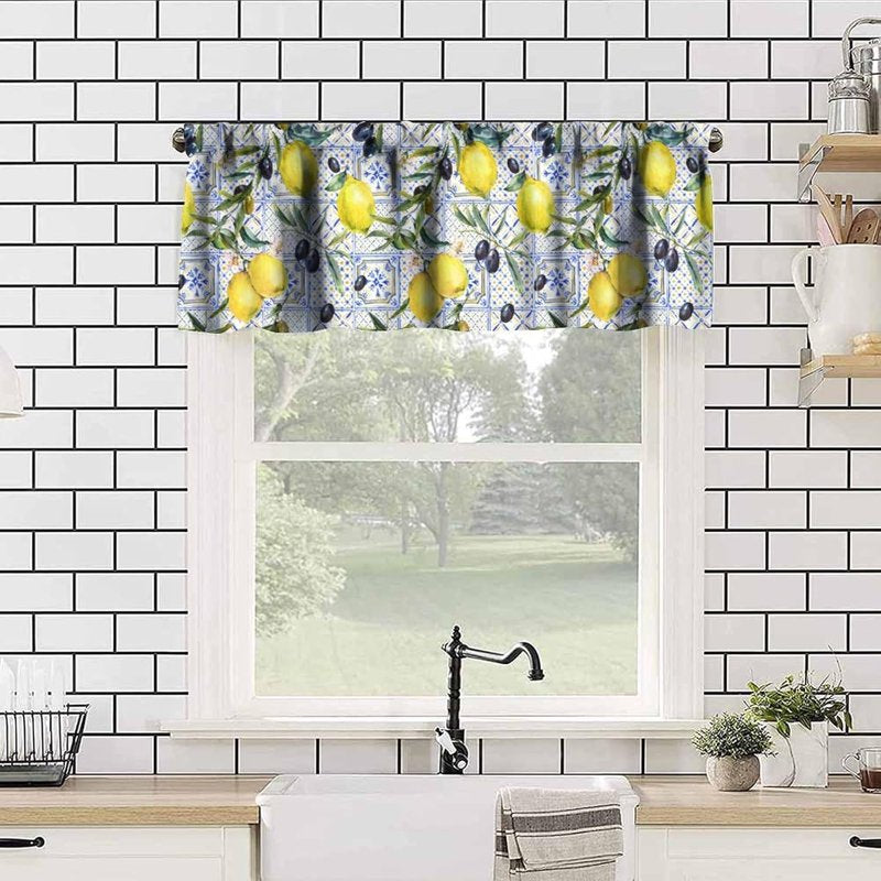 Summer Lemon Watercolor Window Valance Curtains for Farmhouse Kitchen 54x18 Inches