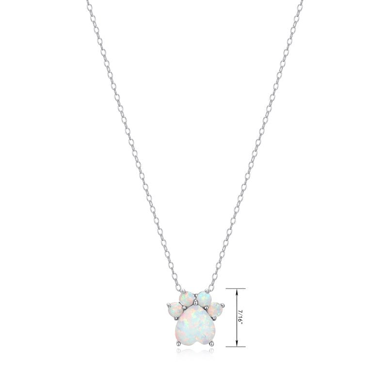 Sterling Silver Paw Print Necklace with Simulated Opal Pendant - Gift Ready