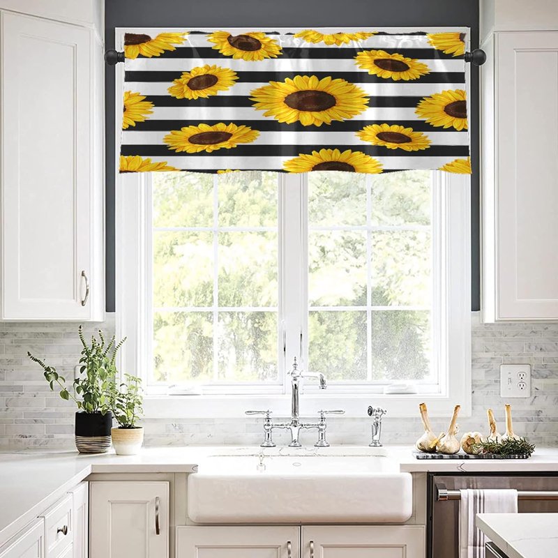 Set of 2 Sunflower Window Valances with Adjustable Rod Pocket - Summer Floral Blackout Drapes for Kitchen & Living Room