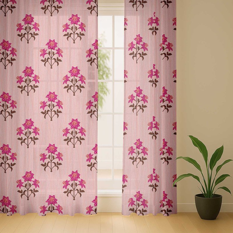 Long Sheer Curtains Set of 2 for Double Height Windows - Floral Georgette Drapes
