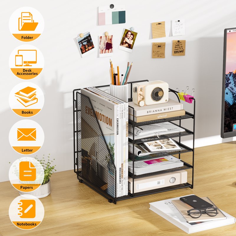 Metal 5-Tier Desk Organizer with File Holder for Office & Home