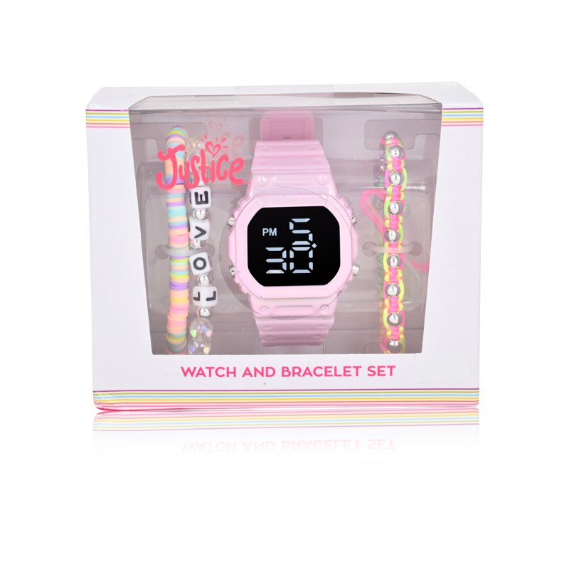 Kids Watch with Pink Silicone Strap & Bracelets 4-Piece Set for Tween & Children