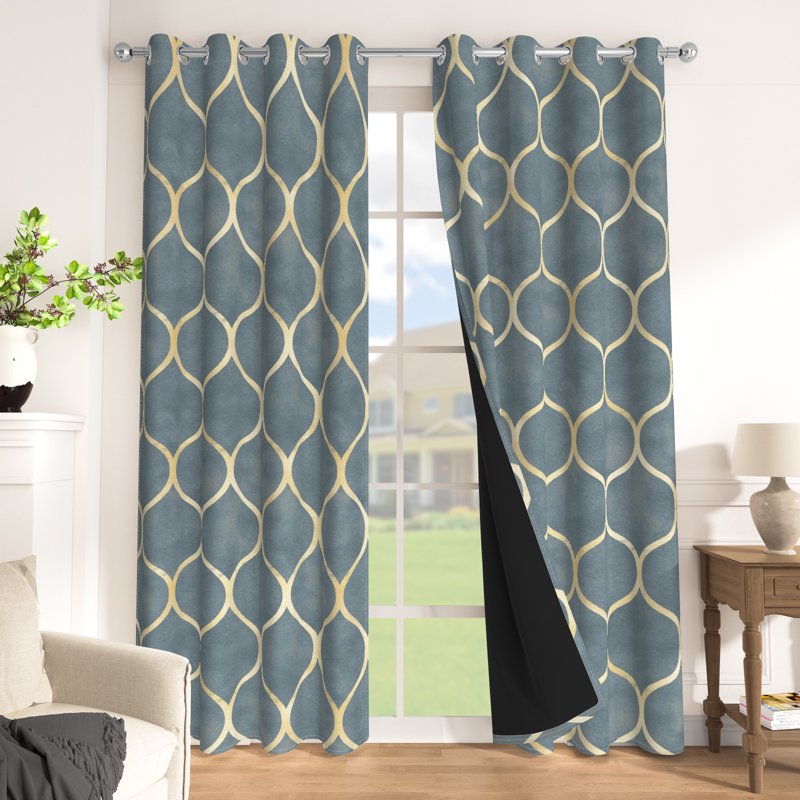 Blackout Grommet Curtains with Geometric Gold Design - Insulated Room Darkening Drapes